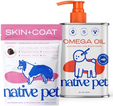 Native Pet Omega Skin and Coat Chews for Dogs (30 Air-Dried Chews) & Omega Oil for Dogs (8 Oz.) - Omega 3 Fish Oil Bundle Promotes Healthy Skin, Shiny Coat, & Strong Joints