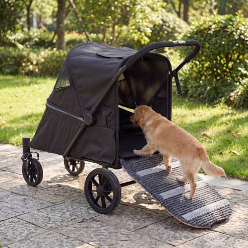 LAUSAINT HOME 4-Wheel Oversized Pet Stroller - Khaki, Access Ramp