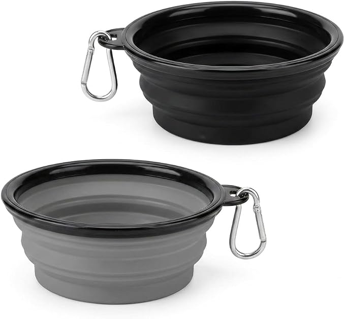 Collapsible Dog Bowls, 2 Pack, with Carabiners, Grey & Black, Medium