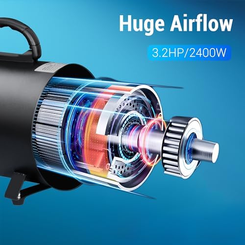 High Velocity Dog Hair Dryer, Groomer Partner Pet Hair Force Dryer, Professional Dog Grooming Blower with Heater, 3.2HP/2400W Adjustable Speed 4 Nozzles, Black