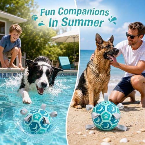 Dog Soccer Ball with Straps, 7.25 Inch Herding Dog Ball Toys Dog Birthday Toy, Balls for 30-90lbs Dogs, Outdoor Dog Toy for Medium Large Puppy, Interactive Toy for Tug, Water Toy Ball,Blue