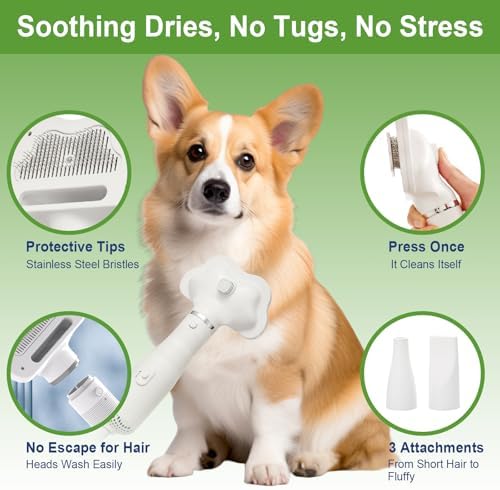 Professional Pet Grooming Dryer Brush – 3-in-1 Dog Blow Dryer with Slicker Brush, Adjustable Temp, Overheat Safe, Salon Quality
