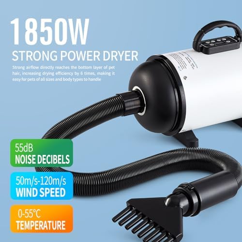 UNICOO Pet Dryer & Grooming Vacuum with Adjustable Speed & Temperature Control, Low Noise, 4 Nozzles, 1850 Watts, Blow Dry & Vacuum Functions for Dogs (White)