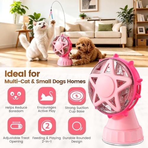 2in-1 Cat Slow Feeder and Interactive Cat Puzzle Toy,Ferris Wheel Treat Dispenser with Strong Suction Cup Base and Adjustable Food Leakage Holes,Food-Grade BPA-Free PP Cat Toys (Pink)