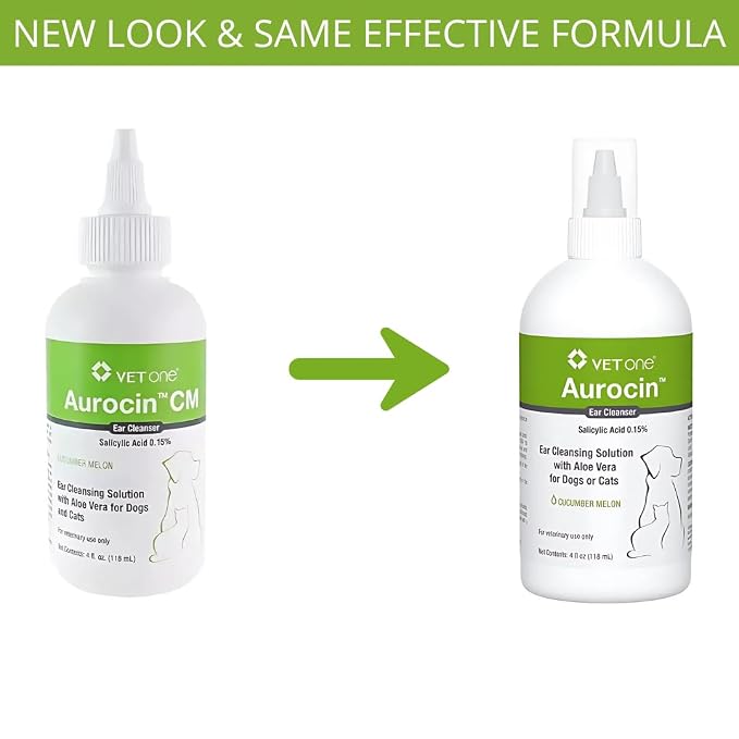 VetOne Aurocin CM Ear Cleansing Solution with Aloe Vera, Cucumber Melon, 4 oz
