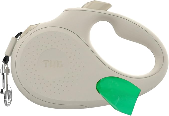 TUG Oval 360° Tangle-Free Retractable Dog Leash with Integrated Waste Bag Dispenser (Large, Cream)