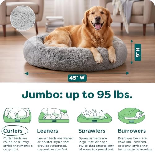 FurHaven Calming Donut Dog Bed, 45", Jumbo/XL, Mist Gray