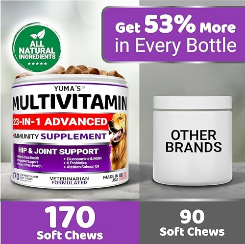 Dog Vitamins and Supplements - 170 Chews - Dog Multivitamin Chewable | Senior & Puppy Multivitamin for Dogs, Hip & Joint Support with Glucosamine, Immune Health, Skin, Heart, Digestion, Probiotics