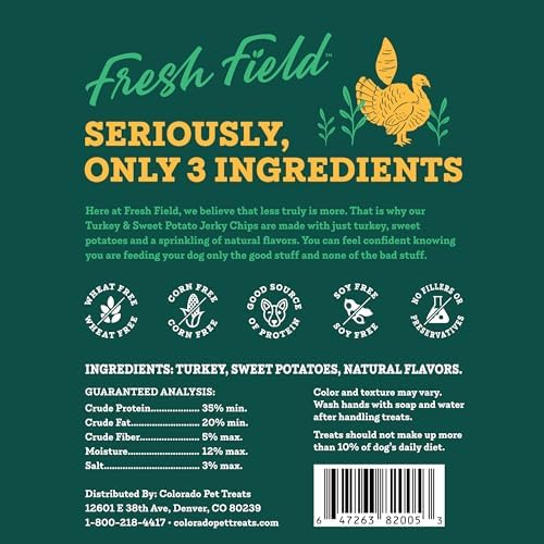 Fresh Field Turkey & Sweet Potato Jerky Chips, 5 oz – All-Natural Dog Treats, USA Made, Ideal for Allergies & Weight