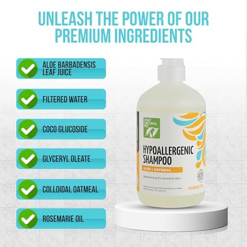 Only Natural Pet Hypoallergenic Shampoo with Aloe & Oatmeal for Dogs - Moisturizing Dog Shampoo and Ultra-Nourishing Care for Dry, Itchy, and Sensitive Skin - 16.9 oz