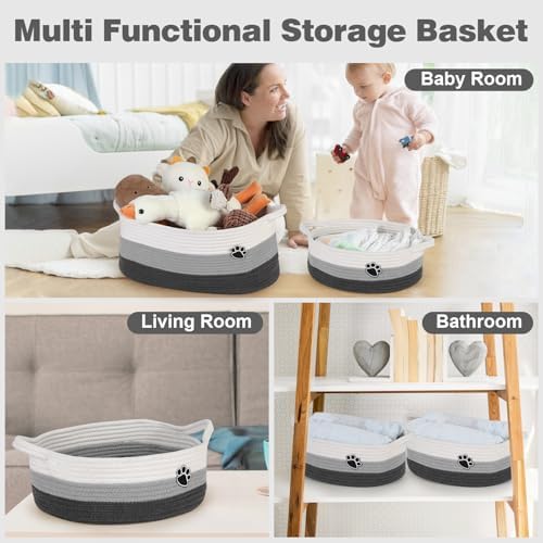 Optish Dog Toy Basket, Toy Box and Bin for Dog Cat Storage, 13.5" X 11" X 5" Small Woven Rope Basket for Baby Storage, Closet, Living Room, White & Grey