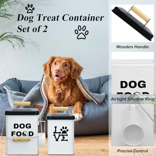 Dog Food Storage Container Set of 2 Dog Treat Container with Airtight Lids Dog, Metal, White