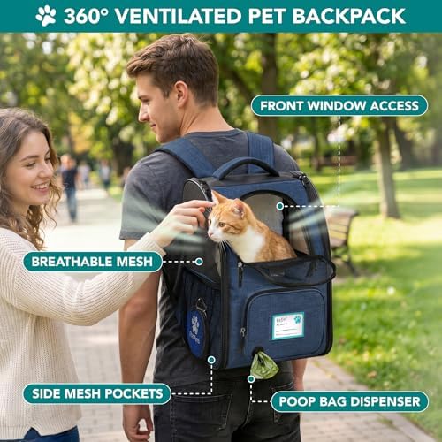 PetAmi Expandable Dog Backpack Carrier, Top Window & Multi-Entry, Up to 18 lbs, Navy