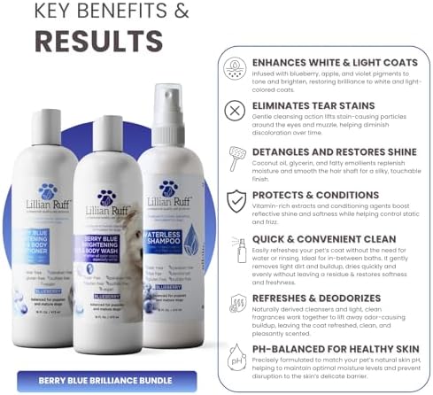 Lillian Ruff PRO Formula Berry Blue Brilliance Bundle - Ultimate Tear Stain & Odor Eliminator Set, Includes Berry Blue Shampoo, Conditioner & Waterless Shampoo, Hydrate, Soften & Detangle, USA Made