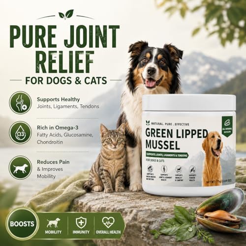 Green Lipped Mussel Powder for Dogs and Cats – 100% New Zealand Mussels, Joint & Mobility Support Supplement for Dogs and Cats, Easy-to-Mix Daily Wellness Powder, 2.64 oz, Up to 250 Servings