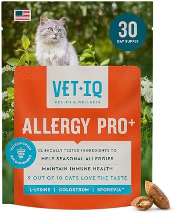 VetIQ Allergy Pro+ Relief, Cat Allergy Treats, Supplement & Vitamins with Probiotics, Fish Oil, Tart Cherry, Skin & Coat Support, Sneezing & Itching Relief, Seasonal Allergies, 3.7oz
