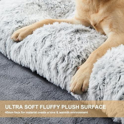BFPETHOME Dog Bed for Large Dogs, Plush Kennel Pad for Sleeping &Ease Anxiety, Washable Mats with Anti-Slip Bottom - 53 x 36 inch, Grey