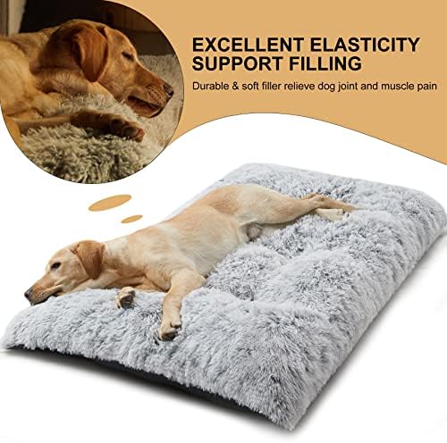 BFPETHOME Dog Beds for Large Dogs, Plush Dog Crate Bed Fluffy Cozy Kennel Pad for Sleeping &Ease Anxiety, Washable Pet Mats with Anti-Slip Bottom for Large Dogs, Grey