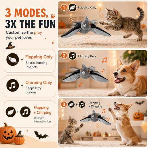 Flying Bat Dog Toy, Flying Bat Toy for Dogs, Flapping Bird Interactive Cat Toy, Cute Flapping Wings Electric Teasing Cat/Dog Toy, Hanging and Ground Play (1Pc)