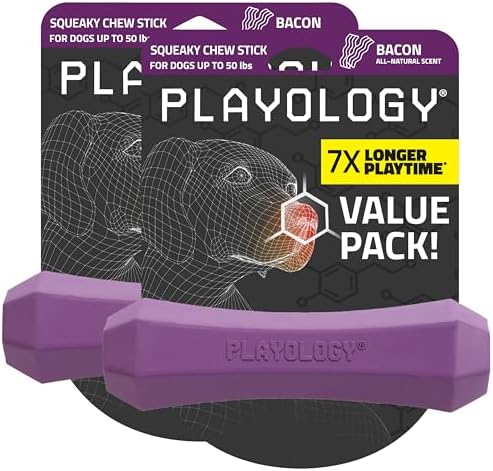 Playology Squeaky Chew Stick - Scented Dog Toy - Medium, Bacon Scent, 2-pk | Rubber Construction, All Natural Scent, Durable Design