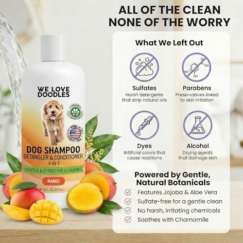 Dog Shampoo, Conditioner & Detangler, Hypoallergenic, Tearless, Mango, 16OZ | For Sensitive Itchy Skin, Best Shampoo For Smelly Dogs, Goldendoodle, Poodle & Doodle, Puppy Pet Wash Soap, USA Made, 4-in-1