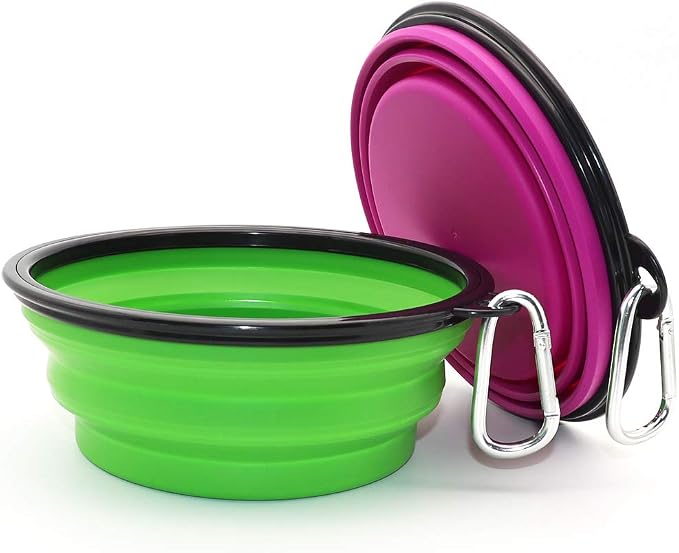 Dog Bowl Collapsible, 2 Pack, with Carabiners, Large, Green+Purple
