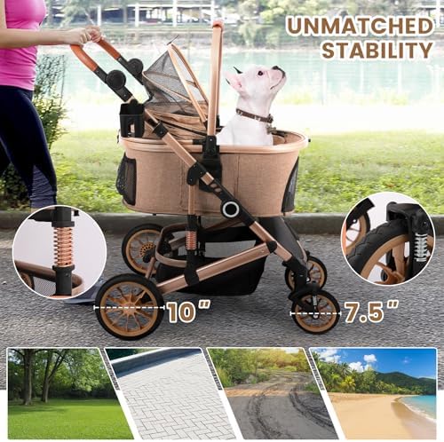 Bicystar Pet Stroller - Tan, Detachable Carrier, up to 50lbs