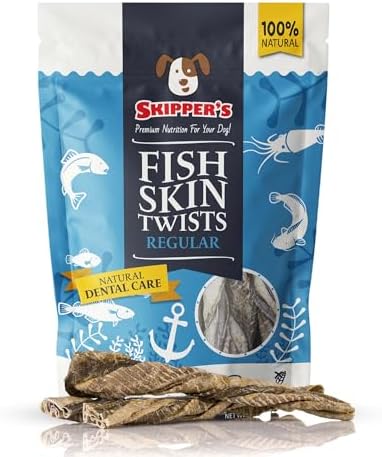 SKIPPER'S Cod Fish Skins Twists Dog Chews - 100% Fish Skin Grain Free Treats for Dogs, High in Protein & Low in Fat, Essential Omega 3 Oils | Great for Teeth (Regular, 8.82 Oz)