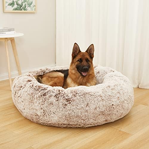 Bedfolks Calming Fluffy Donut Dog Bed for Extra Large Dogs,Brown, 45" Round