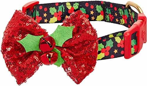 Blueberry Pet Christmas Holly Dog Collar with Bowtie, Small Adjustable 12"-16" Neck, Holiday Collar for Small Dogs