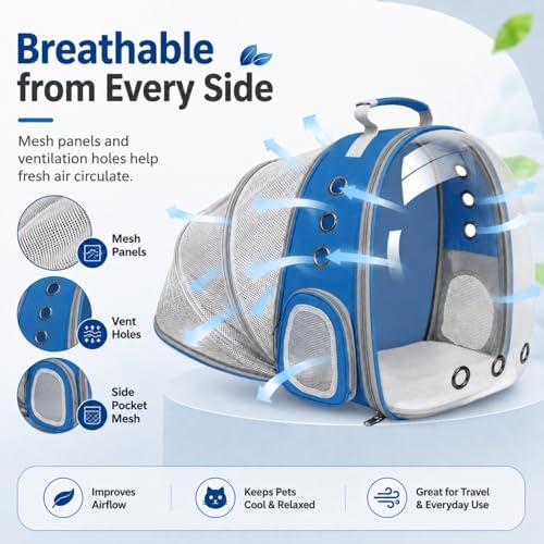 Expandable Cat Carrier Backpack with Bubble Window, Blue