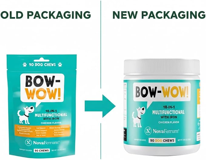 NovaFerrum Bow Wow | 18-in-1 Multifunctional with Iron Supplement for Dogs | Blood Support for Anemia | Glucosamine | Probiotics | Antioxidants | Chicken Flavor | 90 Chews