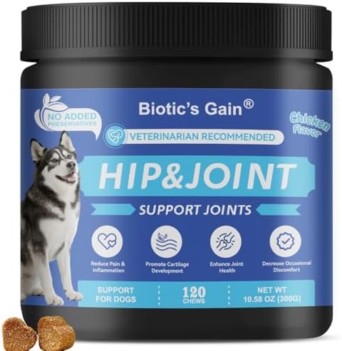 Biotic’s Gain Hip & Joint Soft Chews for Dogs | Glucosamine, MSM, Chondroitin & Turmeric | Hemp Seed Oil for Mobility | Tasty Chews for Senior & Active Dogs (120, Hip & Joint Care)