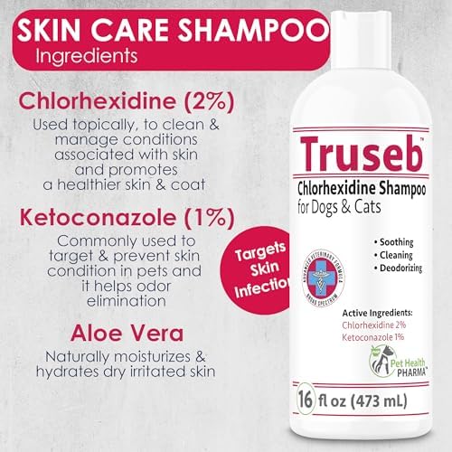 Truseb Chlorhexidine Shampoo for Dogs Cats & Horses with Aloe Vera - Medicated Antibacterial Antifungal Ketoconazole Dog Shampoo and Conditioner -Skin Irritation, Hot Spots, Redness Relief (16 oz)