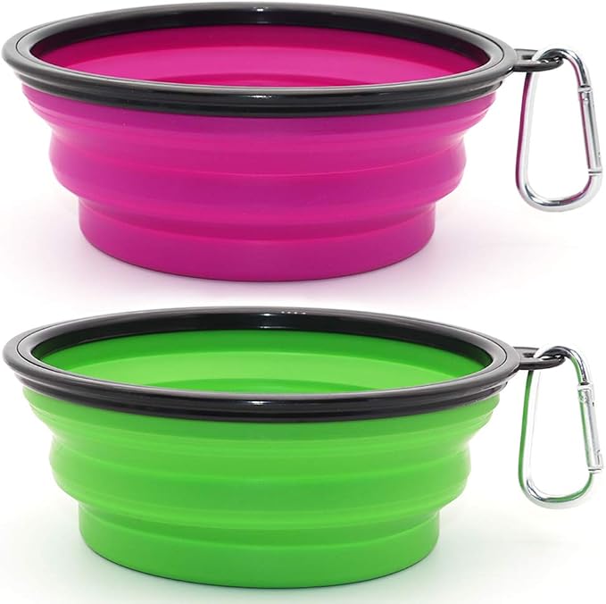 Dog Bowl Collapsible, 2 Pack, with Carabiners, Large, Green+Purple