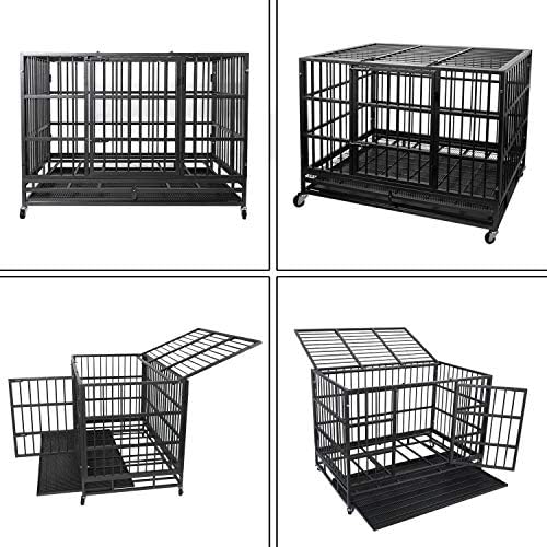 Otaid Heavy Duty Dog Crate with 4 Wheels, Dog Crates for Large Dogs, Double Door Strong Metal Dog Kennel with Removable Tray. Easily Removable Dog Cage for Travel, Indoor&Outdoor (Black, 48 Inch)