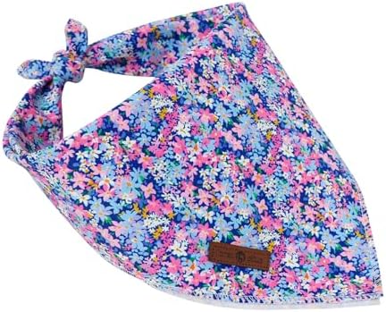Lionet Paws Spring Summer Oxalis Dog Bandana Washable Cotton Handkerchief Scarf Triangle Blue Flower, Large (Pack of 1), Medium, Blue