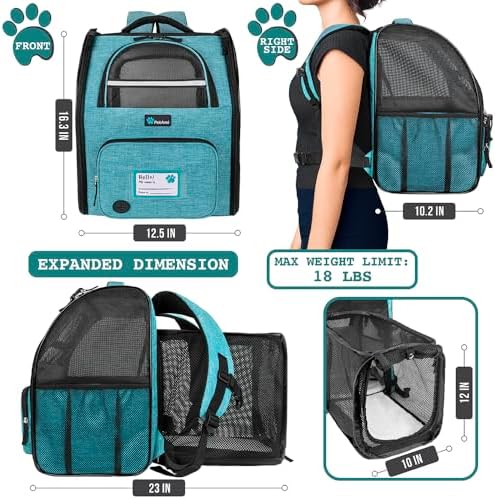 PetAmi Expandable Dog Backpack Carrier, Top Window & Multi-Entry, Up to 18 lbs, Teal Blue