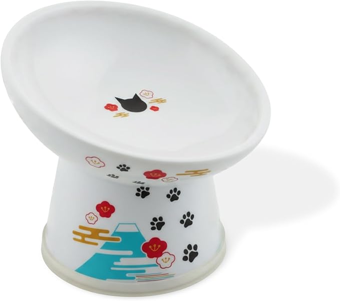 Necoichi Raised Cat Food Bowl – Ceramic Elevated 15° Tilted Cat Bowl for Whisker & Neck Fatigue, Dishwasher Microwave Safe – Non-Slip & Anti Vomiting Ergonomic Design (Fuji, Regular Tilted)