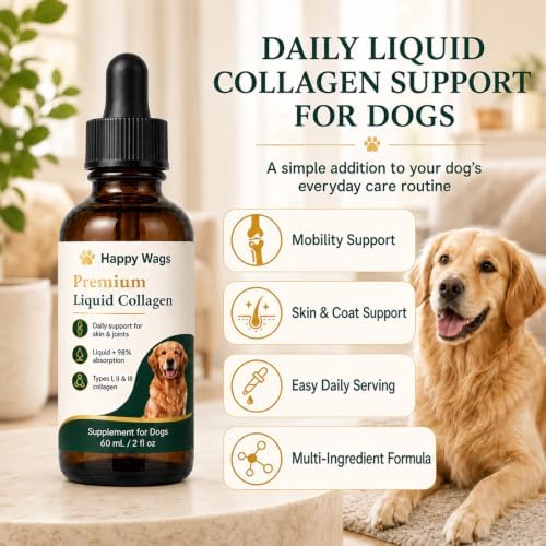 Happy Wags Premium Liquid Collagen for Dogs, Skin, Coat & Joint Wellness Support, Dog Supplement with Types I, II & III Collagen, Hyaluronic Acid & Vitamin C, 60 mL / 2 Fl Oz