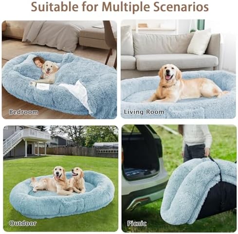 ROOMTEC Human Dog Bed, 78''x51''x12'' Size Fits Adult and Pet Washable Giant People Bed 10 CM Thick Memory Foam Large Oversize Pet Bed with Plump Pillow, Blanket, Strap - Blue