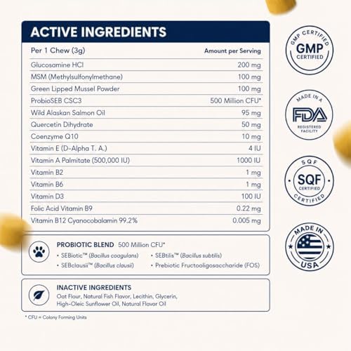 Multivitamin Daily Soft Chew Dog Supplement with Glucosamine, Probiotics, and Omega-3, Beef, Salmon, Chicken, and Peanut Butter Flavors, 30 Chews (Peanut Butter)