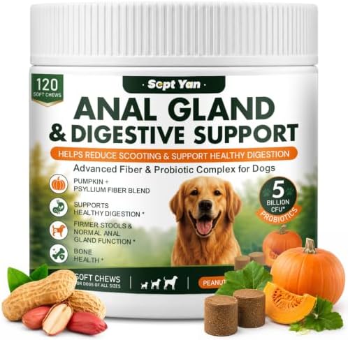 Anal Gland Support for Dogs, Pumpkin Fiber Chews with Probiotics Digestive Enzymes, Helps Manage Scooting & Rear Odors, Promotes Firm Stools & Dog Bowel Health, Peanut Butter Chews, 120 Ct