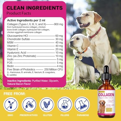 Premium Liquid Collagen for Dogs & Cats - 5 Types of Grass-Fed Collagen (I, II, III, V & X) - Supports Skin, Coat, Hips & Joints | Allergy and Itch Relief | Biotin, Vitamin C and Hyaluronic Acid