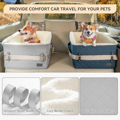 PETSFIT Small Dog Car Seat, Soft Foam, Storage Pockets, Detachable Leash, 30 lbs, Grey