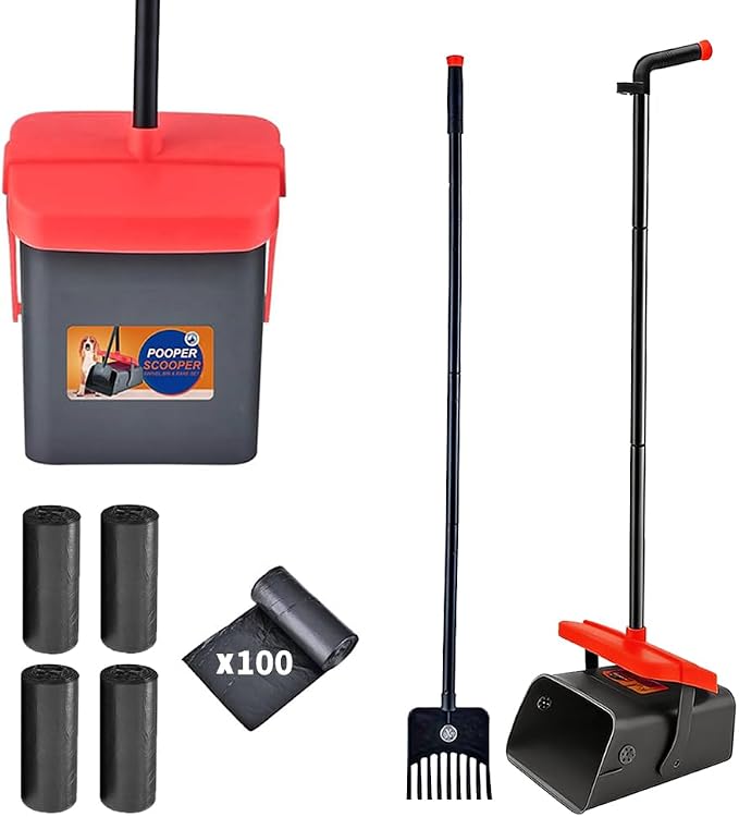 Pooper Scooper for Dogs, 46'' Long Handle Large & Small Breeds, Yard & Outside Waste Pickup, Rake with Bag Attachment & Holder, Litter Scooper, 100 Pet Waste Bags, Pet Supplies & Dog Accessories