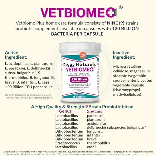 Vetbiome Plus High Strength Probiotics for Pets (160 Capsules) - 120 Billion CFU, 9 - Strain Formula – Third Party Tested - U.S Made