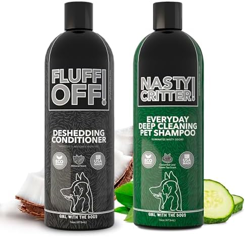 Fluff Off! by Girl With The Dogs, Natural Deshedding Dog & Cat Conditioner 16 Oz and Nasty Critter! Everyday Deep Cleaning Dog Shampoo 16 Oz