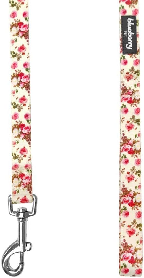 Blueberry Pet 9 Patterns Durable Spring Scent Inspired Pink Rose Print Ivory Dog Leash 5 ft x 5/8", Small, Leashes for Dogs