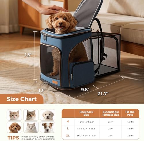Lekereise Pet Carrier Backpack Expandable Cat Backpack Carrier for Small Dogs Large Cats Puppies, Dog Backpack Carrier for Hiking Travel Outdoor Hold Pets Up to 20 25 Lbs, Blue